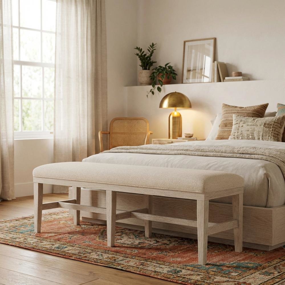 Beige Upholstered Dining Bench – Wood Bed Bench for Bedroom or Hallway. Picture 3