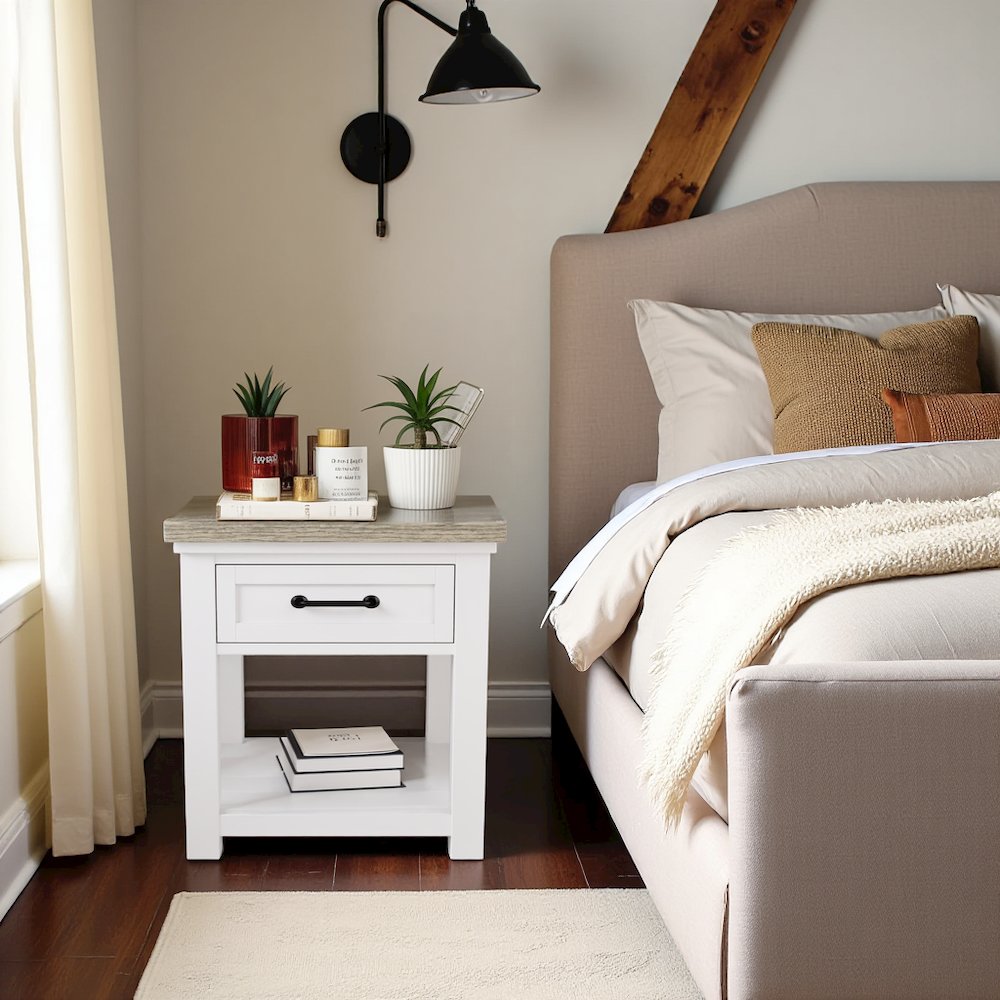 Beige Farmhouse End Table Living Room Sofa Side Table Wood Furniture. Picture 3