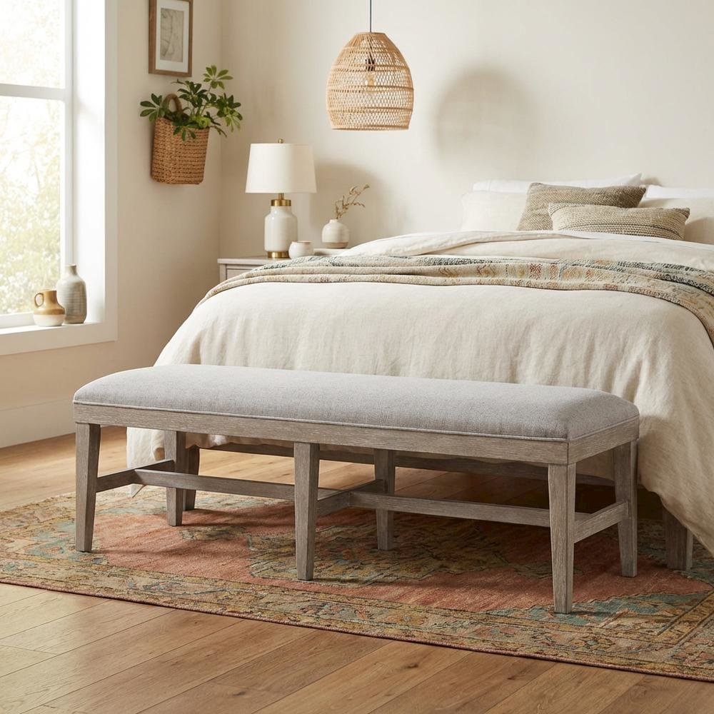 Gray Upholstered Bench – Dining, Bed, or Bedroom Bench with Wood Frame. Picture 3