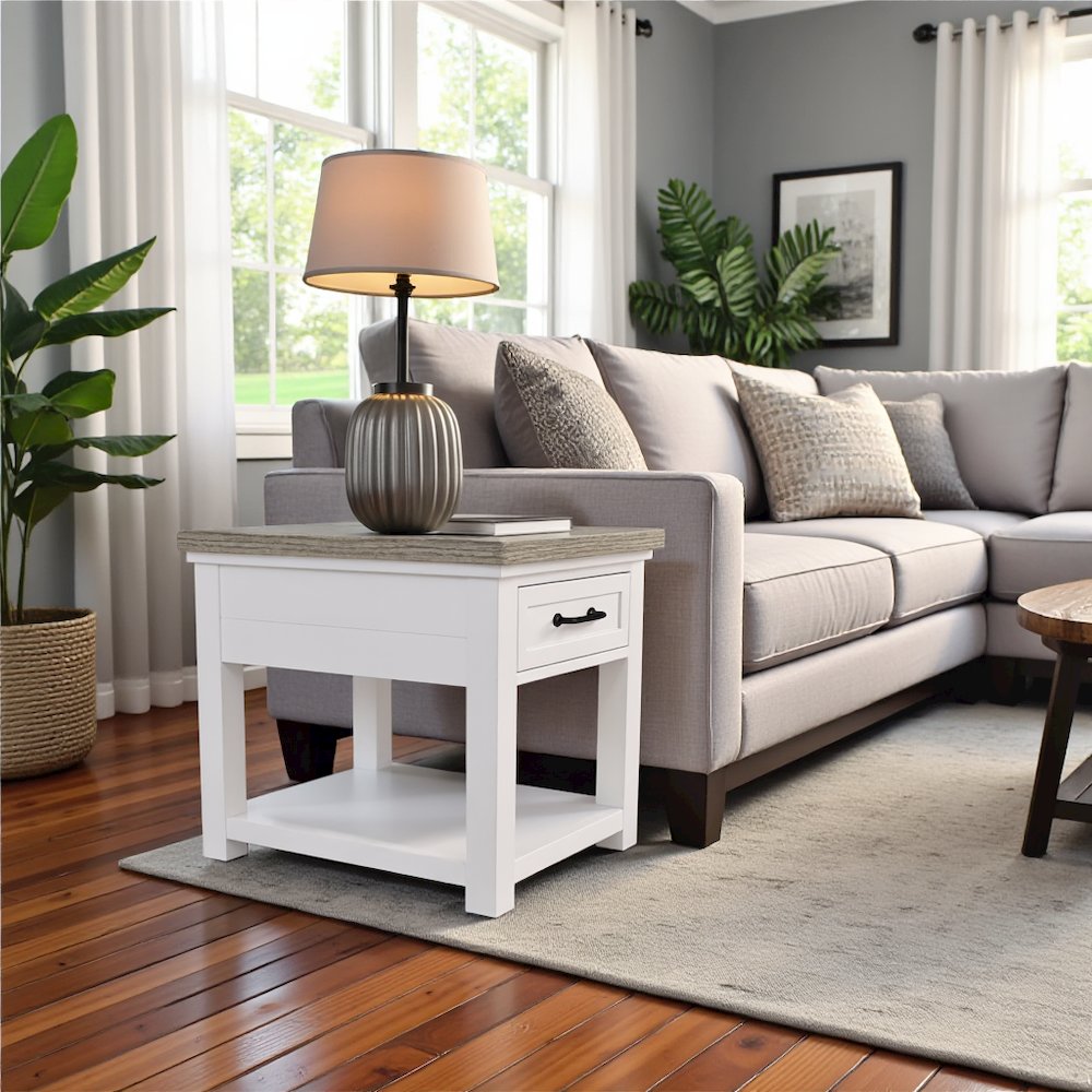Beige Farmhouse End Table Living Room Sofa Side Table Wood Furniture. Picture 2