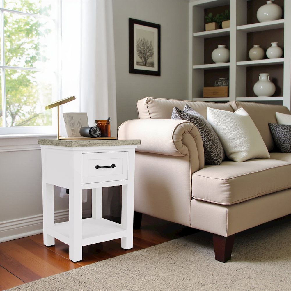 Wood Nightstand with Drawer – Beige End Table Bedroom Accent Storage. Picture 2