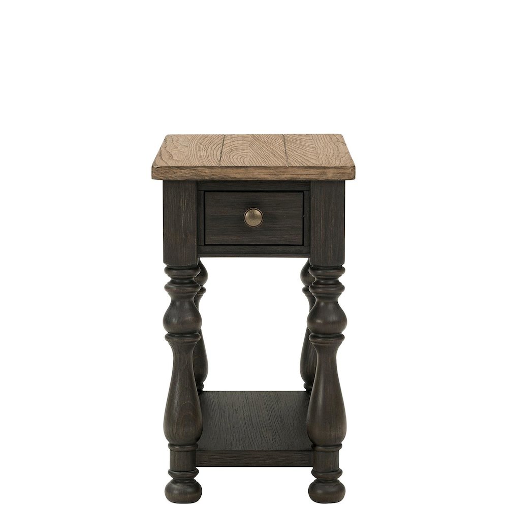 Brown Chairside Table, Poplar Ash Veneer, V-Grooves, Drawer, Fixed Shelf. Picture 4