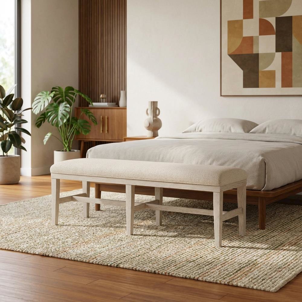 Beige Upholstered Dining Bench – Wood Bed Bench for Bedroom or Hallway. Picture 2