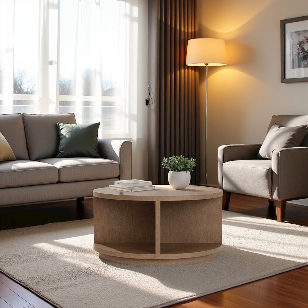 Round Coffee Table Living Room Center Table in Brown Wooden Finish. Picture 2