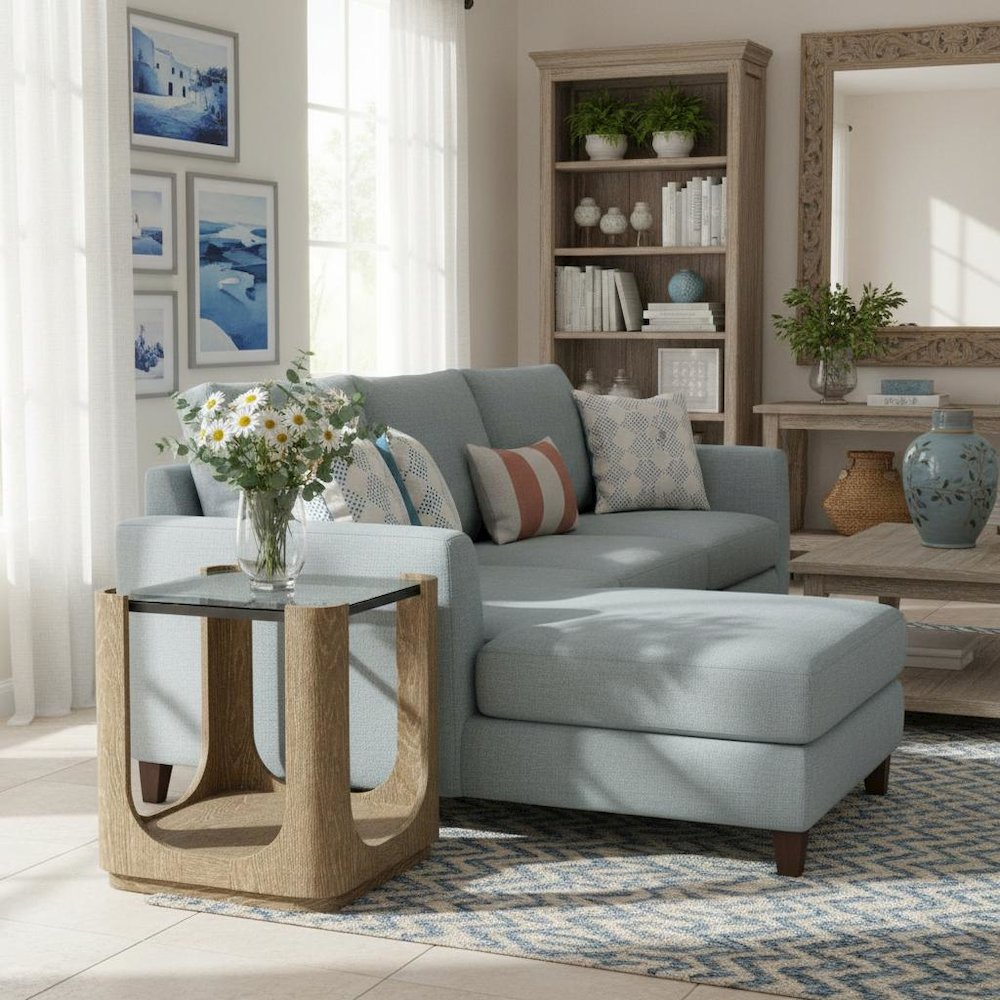 Brown End Table, Hardwoods & Oak Veneers, Unique Curved Opening Storage. Picture 2
