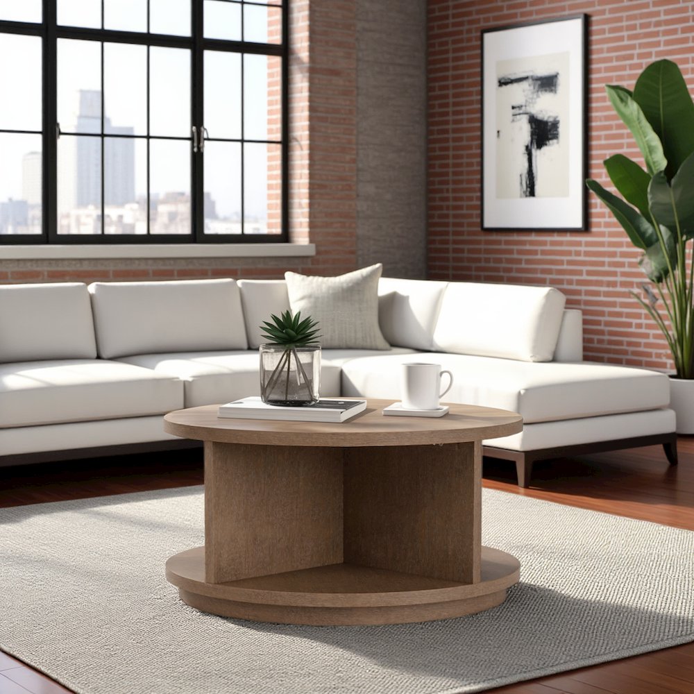 Round Coffee Table Living Room Center Table in Brown Wooden Finish. Picture 3