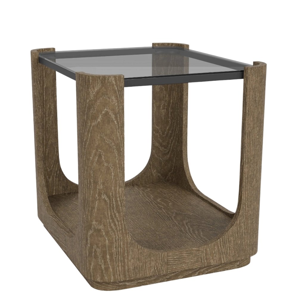Brown End Table, Hardwoods & Oak Veneers, Unique Curved Opening Storage. Picture 1