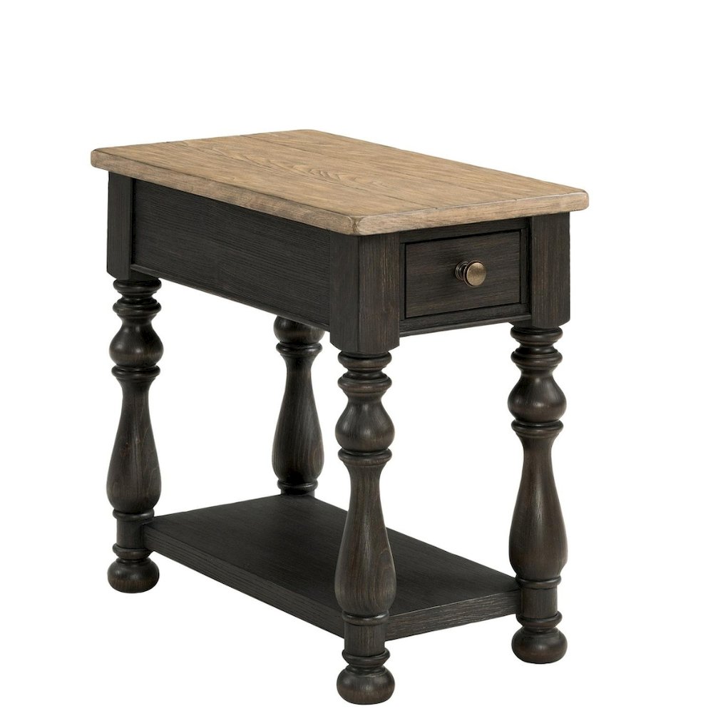 Brown Chairside Table, Poplar Ash Veneer, V-Grooves, Drawer, Fixed Shelf. Picture 1