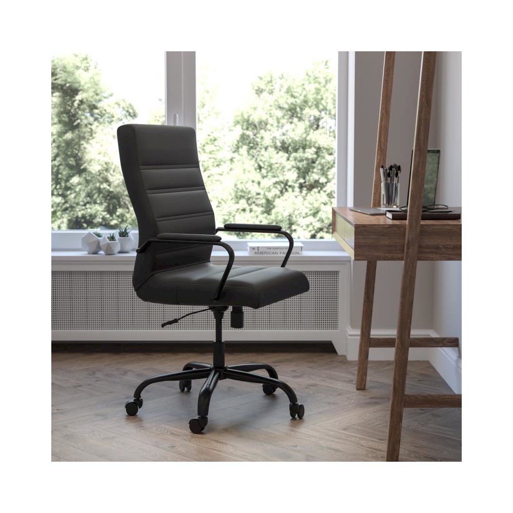 High Back Black LeatherSoft Executive Swivel Office Chair with Black Frame and Arms. Picture 2
