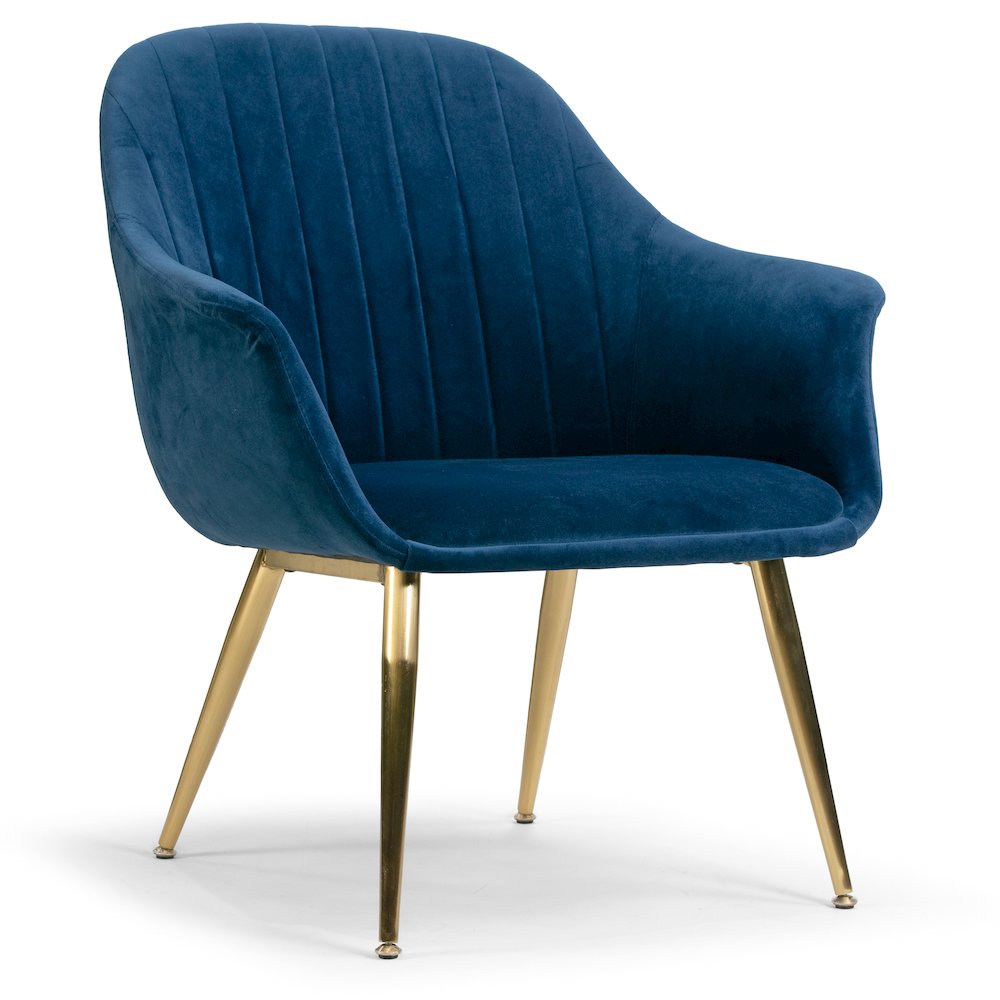 Angela Blue Velvet Accent Chair with Golden Metal Legs Stitching Accent. Picture 2