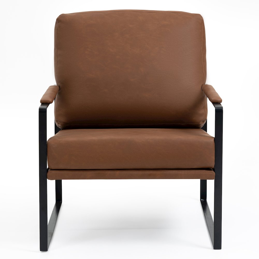 Ayume Brown Faux Leather Accent Chair with Black Iron Legs. Picture 1