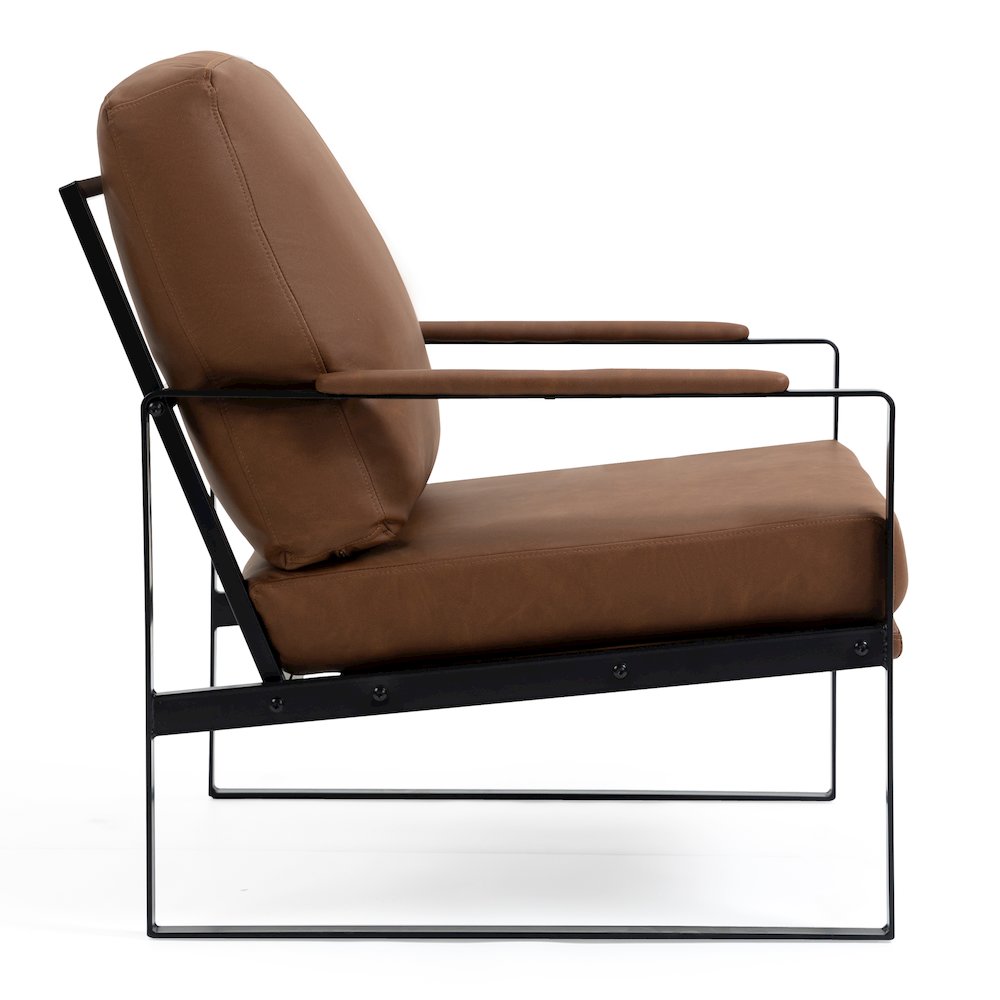 Ayume Brown Faux Leather Accent Chair with Black Iron Legs. Picture 3