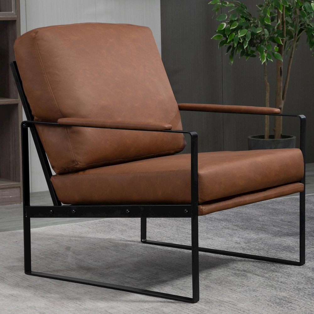 Ayume Brown Faux Leather Accent Chair with Black Iron Legs. Picture 7