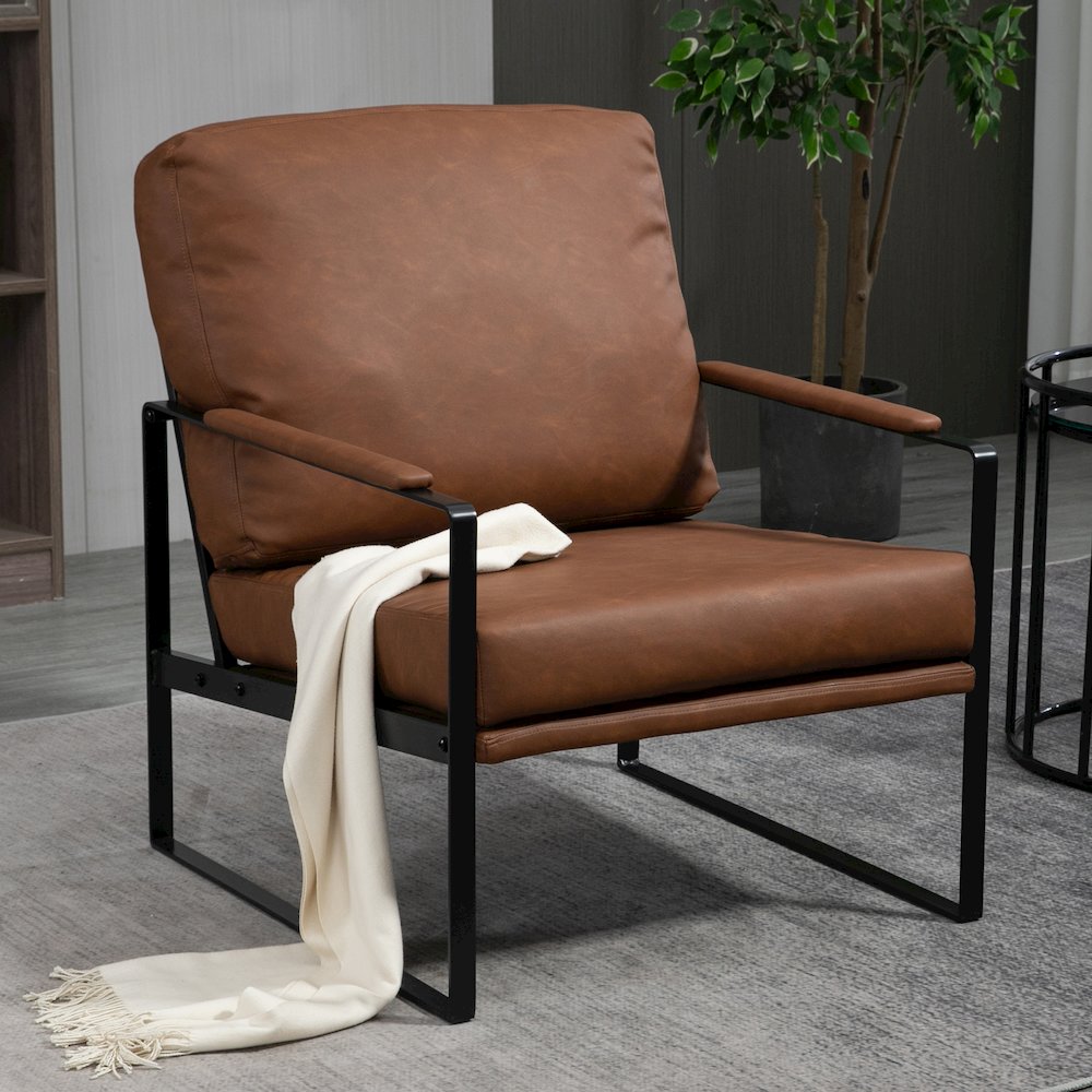 Ayume Brown Faux Leather Accent Chair with Black Iron Legs. Picture 8