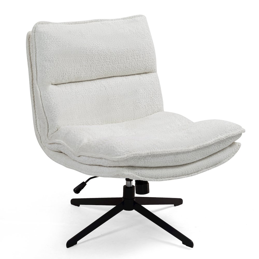 Benecia White Boucle Upholstered Fabric Accent Chair Black Metal Swivel Legs. Picture 2