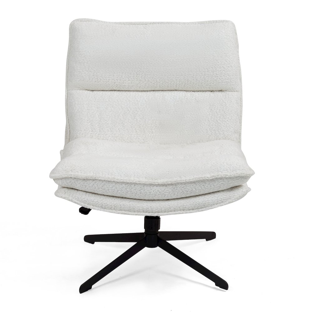 Benecia White Boucle Upholstered Fabric Accent Chair Black Metal Swivel Legs. Picture 1