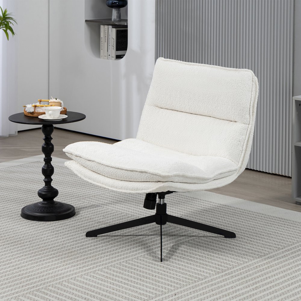 Benecia White Boucle Upholstered Fabric Accent Chair Black Metal Swivel Legs. Picture 7