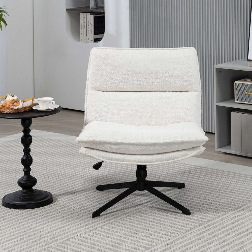 Benecia White Boucle Upholstered Fabric Accent Chair Black Metal Swivel Legs. Picture 8