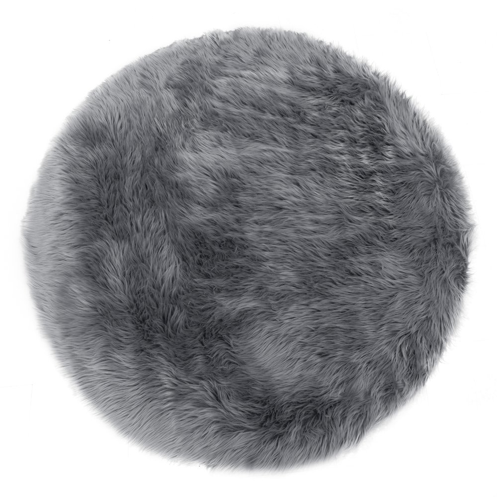Alair Gray Round Faux Fur Area Rug 4 Foot Wide. Picture 1