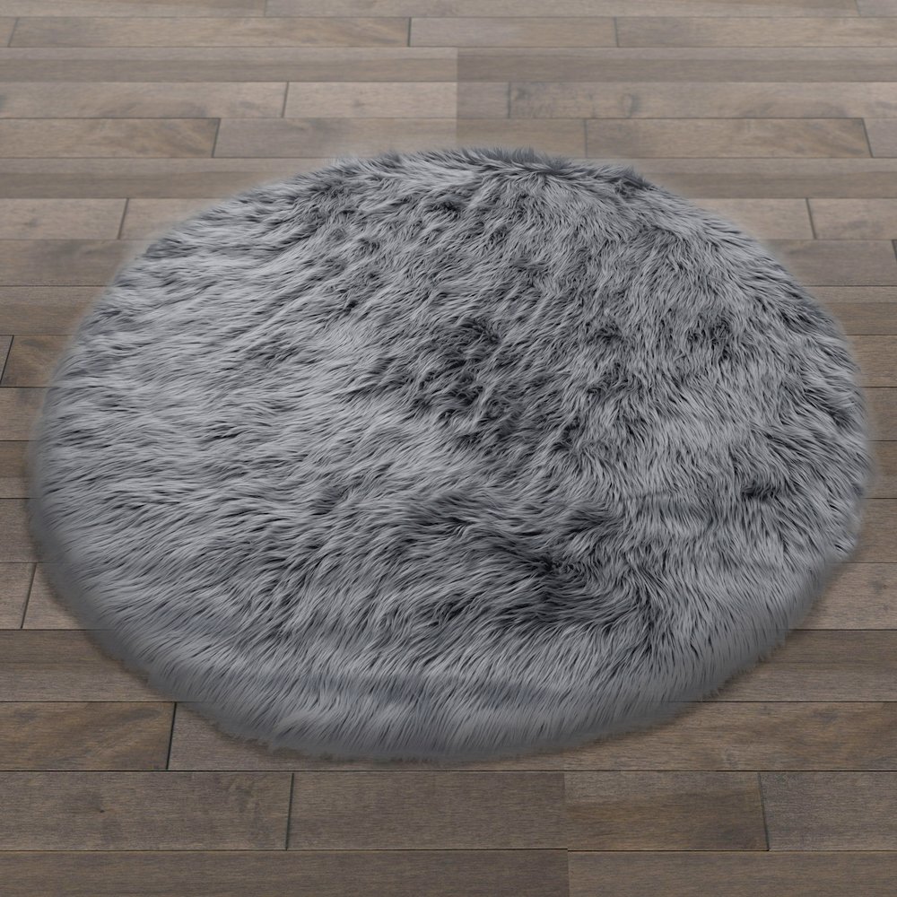 Alair Gray Round Faux Fur Area Rug 4 Foot Wide. Picture 2