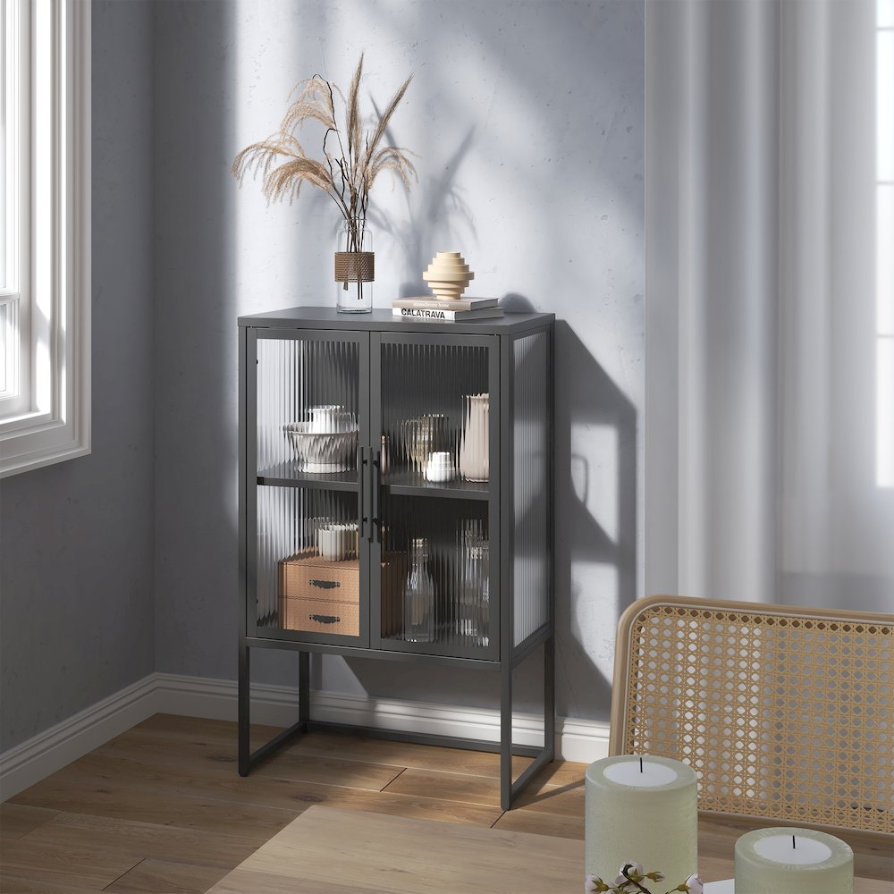 Benvolio 41.34-inch Black Two Door Storage Cabinet with Fluted Clear Doors. Picture 7