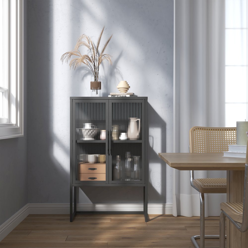 Benvolio 41.34-inch Black Two Door Storage Cabinet with Fluted Clear Doors. Picture 8