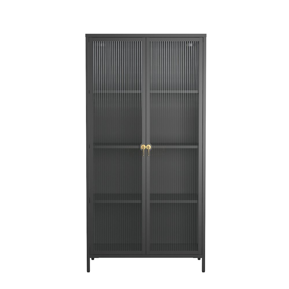 63.05-inch Black Two Door Storage Cabinet Fluted Clear Doors and Gold Handles. Picture 2