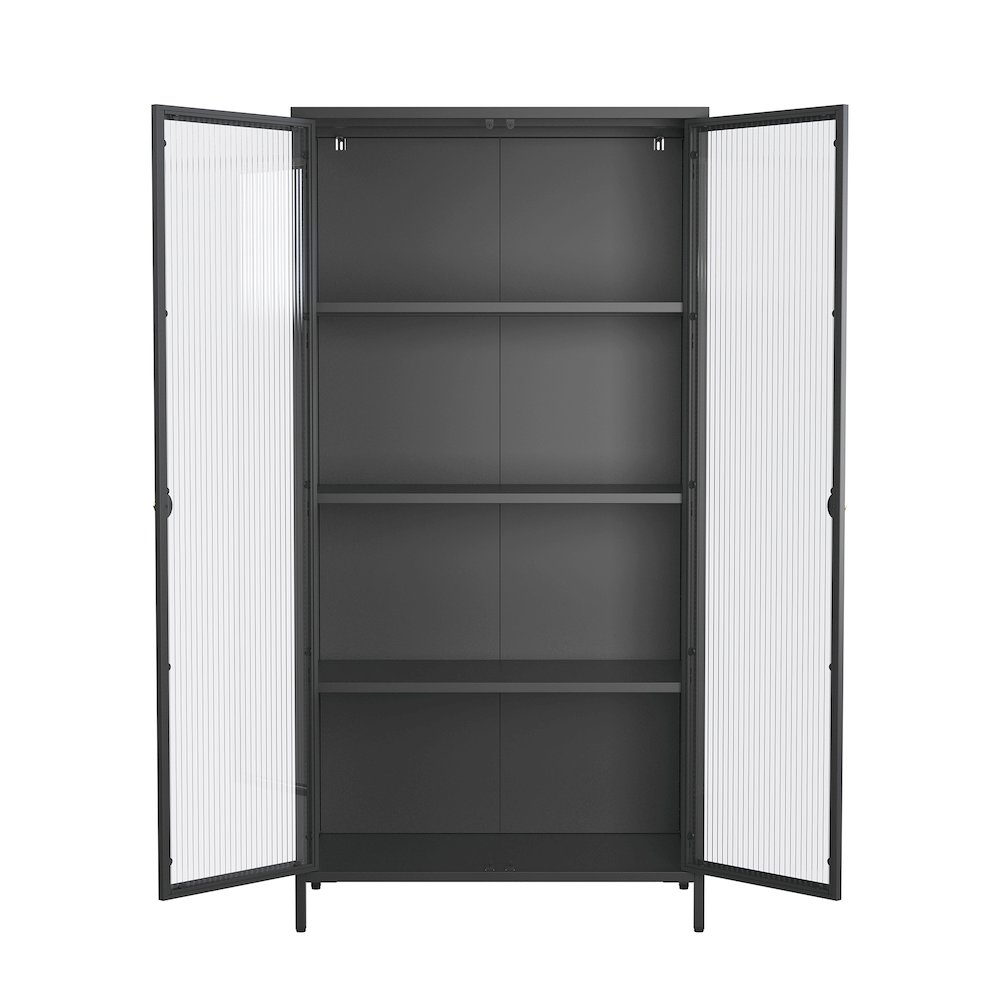63.05-inch Black Two Door Storage Cabinet Fluted Clear Doors and Gold Handles. Picture 1