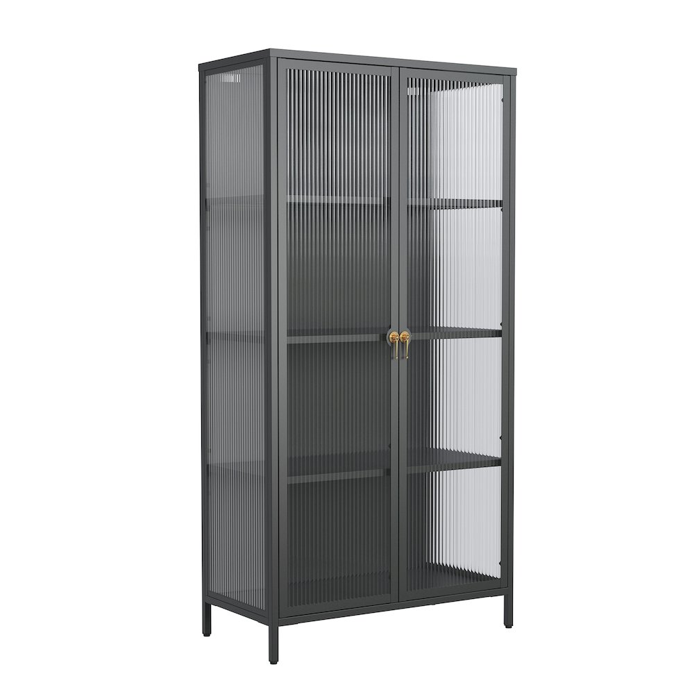 63.05-inch Black Two Door Storage Cabinet Fluted Clear Doors and Gold Handles. Picture 3