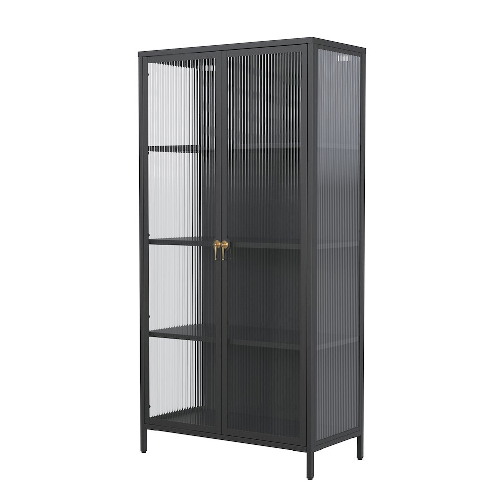 63.05-inch Black Two Door Storage Cabinet Fluted Clear Doors and Gold Handles. Picture 4