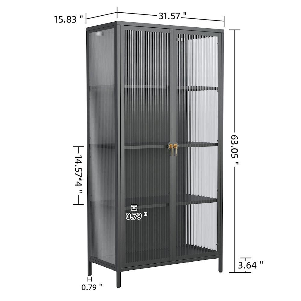 63.05-inch Black Two Door Storage Cabinet Fluted Clear Doors and Gold Handles. Picture 6