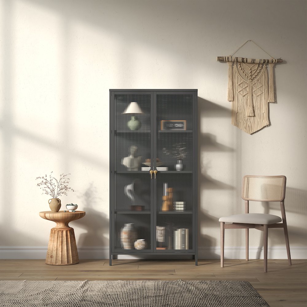 63.05-inch Black Two Door Storage Cabinet Fluted Clear Doors and Gold Handles. Picture 8