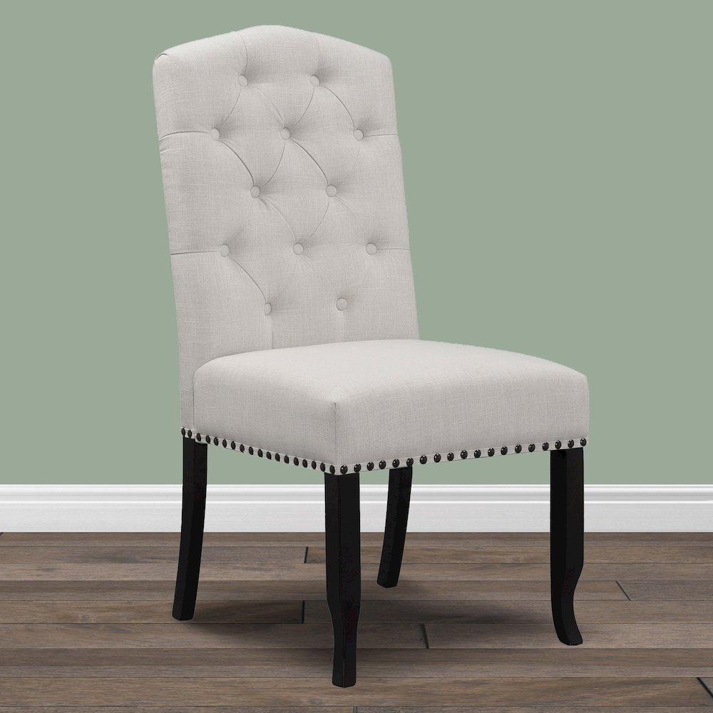 Set of 2 Beige Fabric Dining Chair Tufted Buttons and Nail Head Accent. Picture 6
