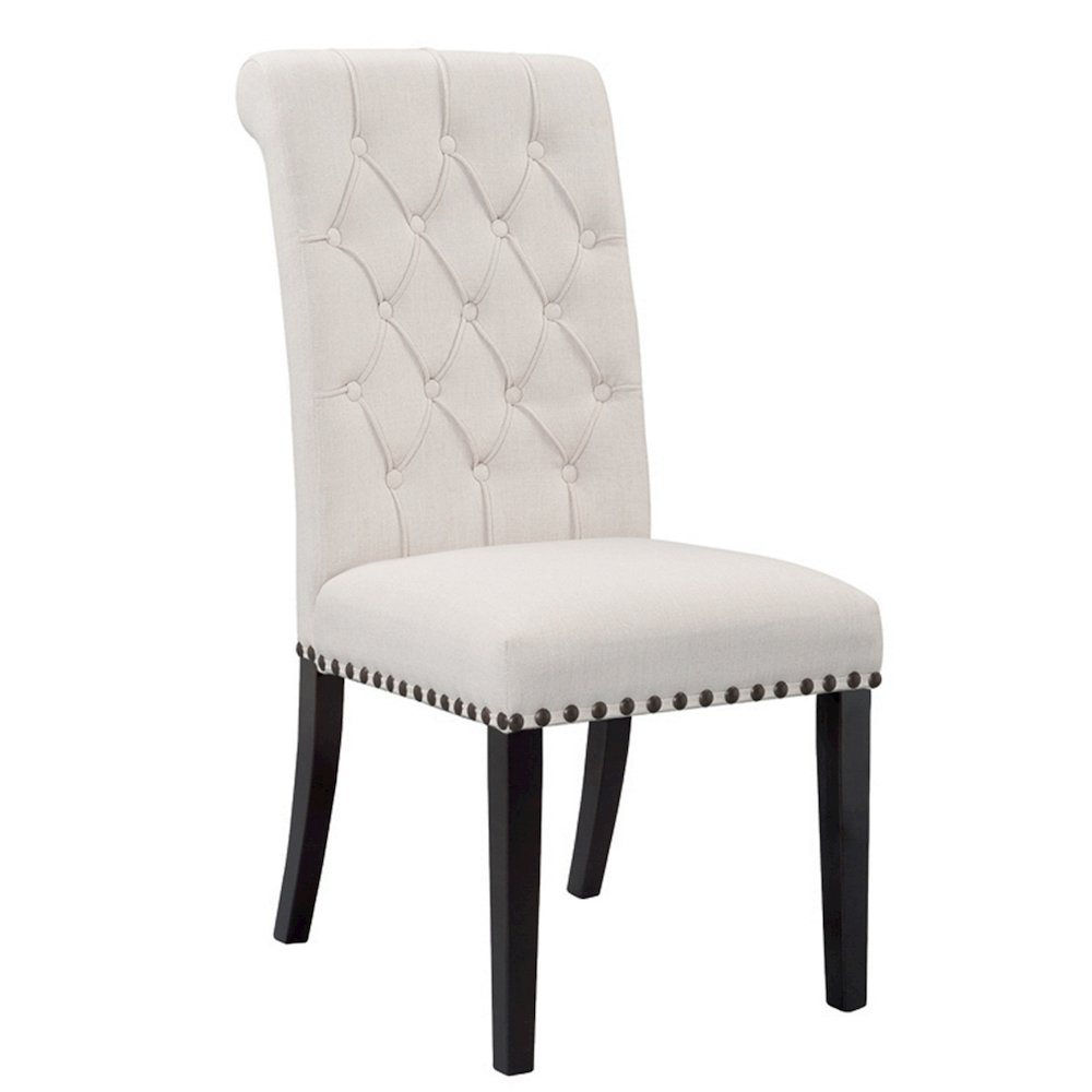 Set of 2 Beige Fabric Dining Chair Roll Back Tufted Buttons and Nail Heads. Picture 1