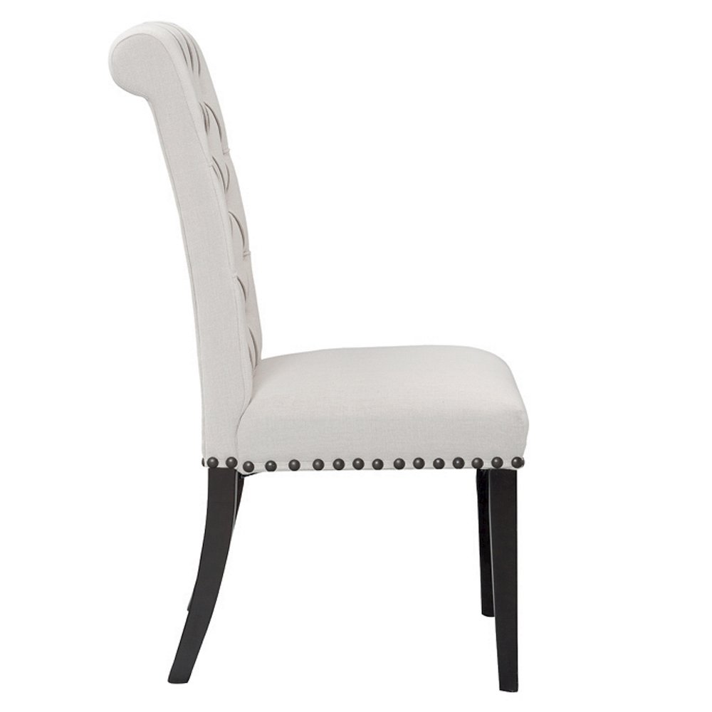 Set of 2 Beige Fabric Dining Chair Roll Back Tufted Buttons and Nail Heads. Picture 4