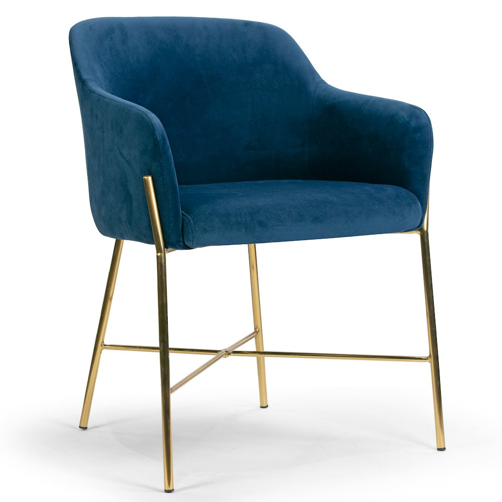Ana Blue Velvet Arm Dining Chair with Golden Metal Legs. Picture 2