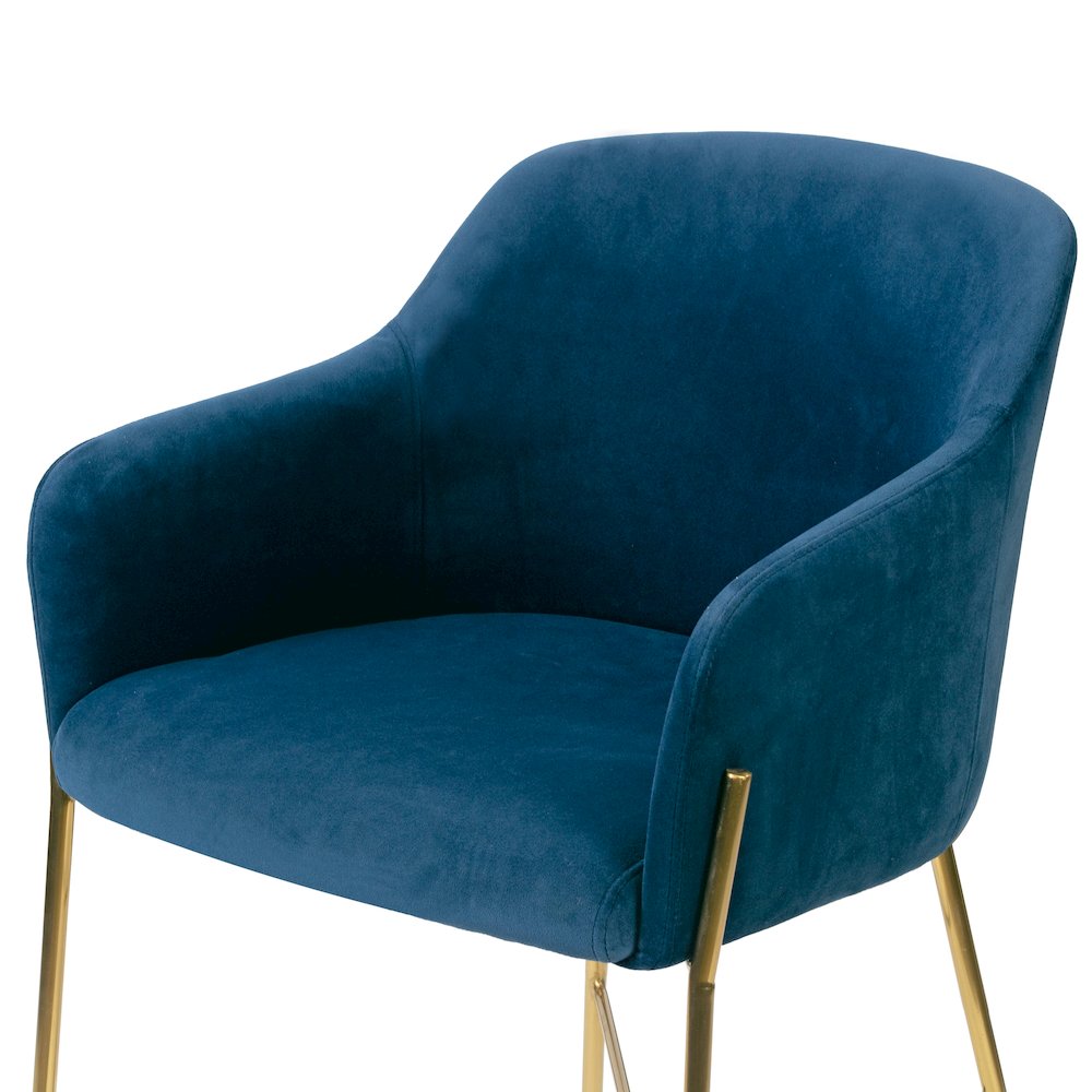 Ana Blue Velvet Arm Dining Chair with Golden Metal Legs. Picture 5