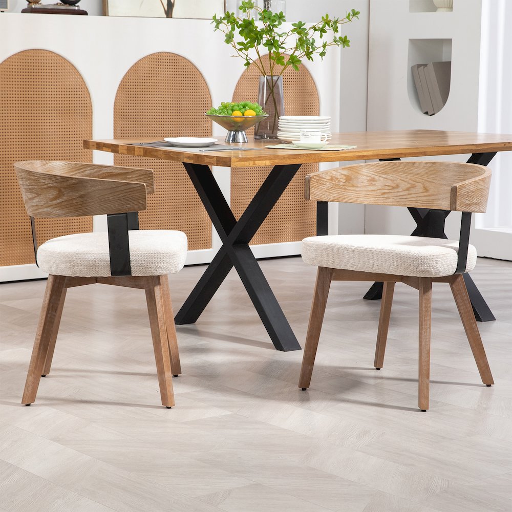 Set of 2 Beck Beige Linen Fabric Dining Chair Natural Wood Backrest and Legs. Picture 9