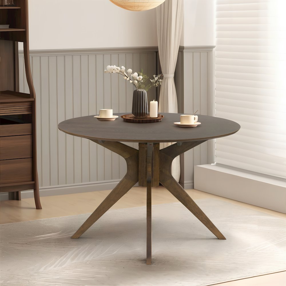 Blair Walnut Finish Round Wood Dining Table with Tripod Style Base. Picture 5