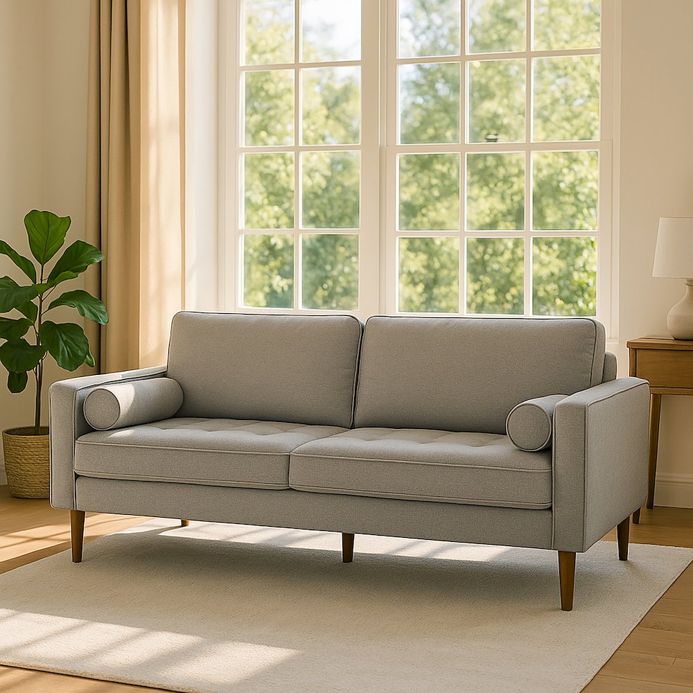 Bisera Beige Twill Tufted Fabric Sofa with Walnut Wood Legs. Picture 8