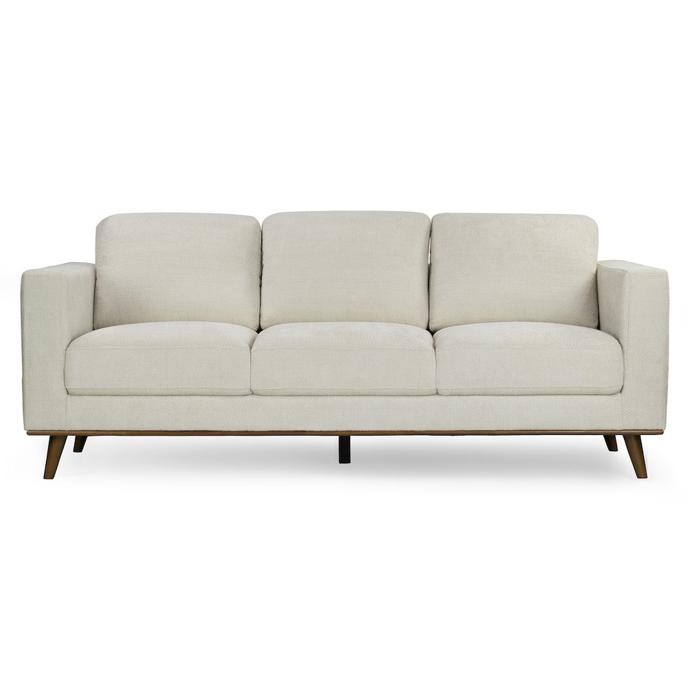Bishop White Corduroy Twill Fabric Sofa with Walnut Wood Legs. Picture 1