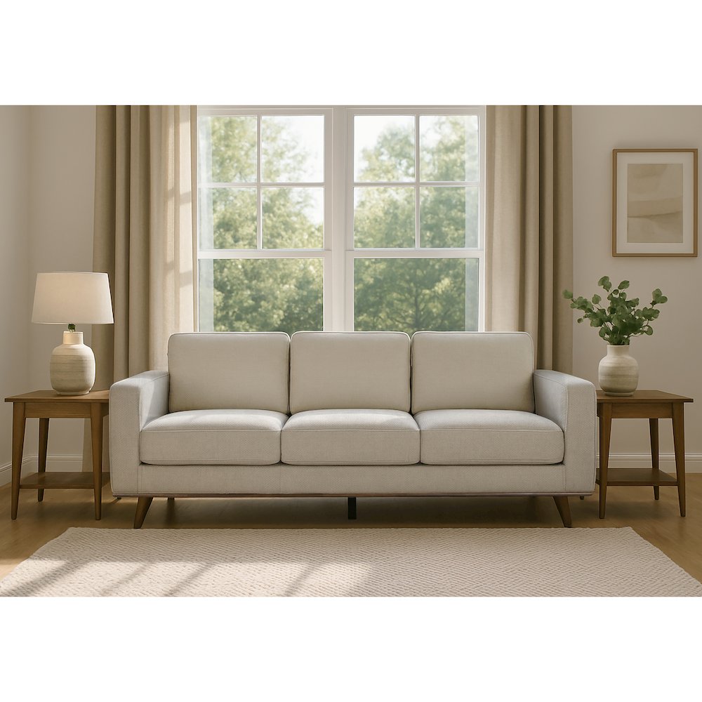 Bishop White Corduroy Twill Fabric Sofa with Walnut Wood Legs. Picture 8