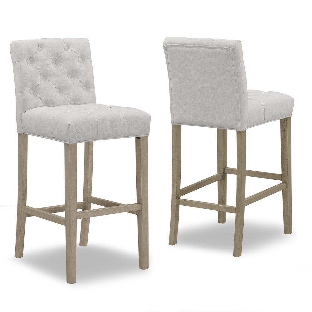 Set of 2 Alee Beige Fabric Bar Stool with Tufted Buttons and Wood Legs. Picture 2