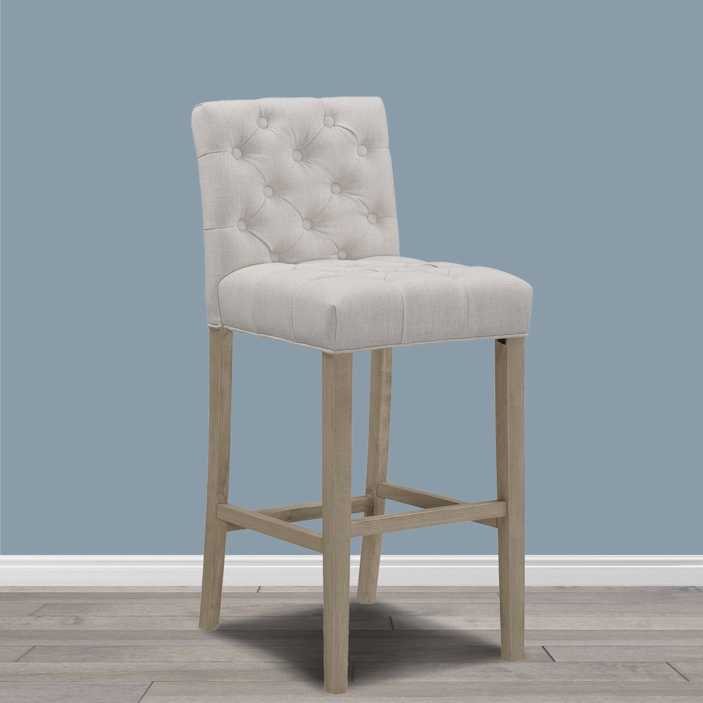 Set of 2 Alee Beige Fabric Bar Stool with Tufted Buttons and Wood Legs. Picture 6