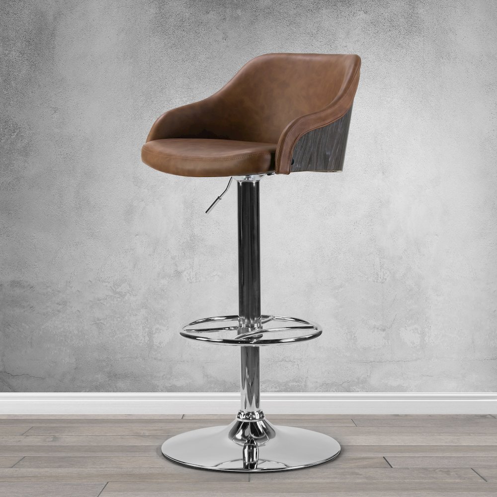 Amada Brown Upholstered Adjustable Height Bar Stool with Gray Plywood Back. Picture 7