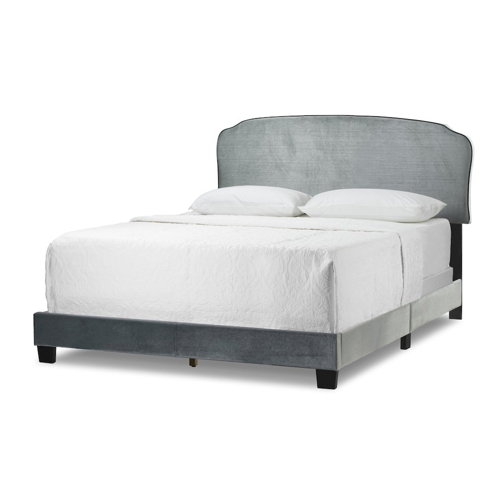 Aric Silver Gray Velvet Queen Bed with Contrasting Piping Accent. Picture 2