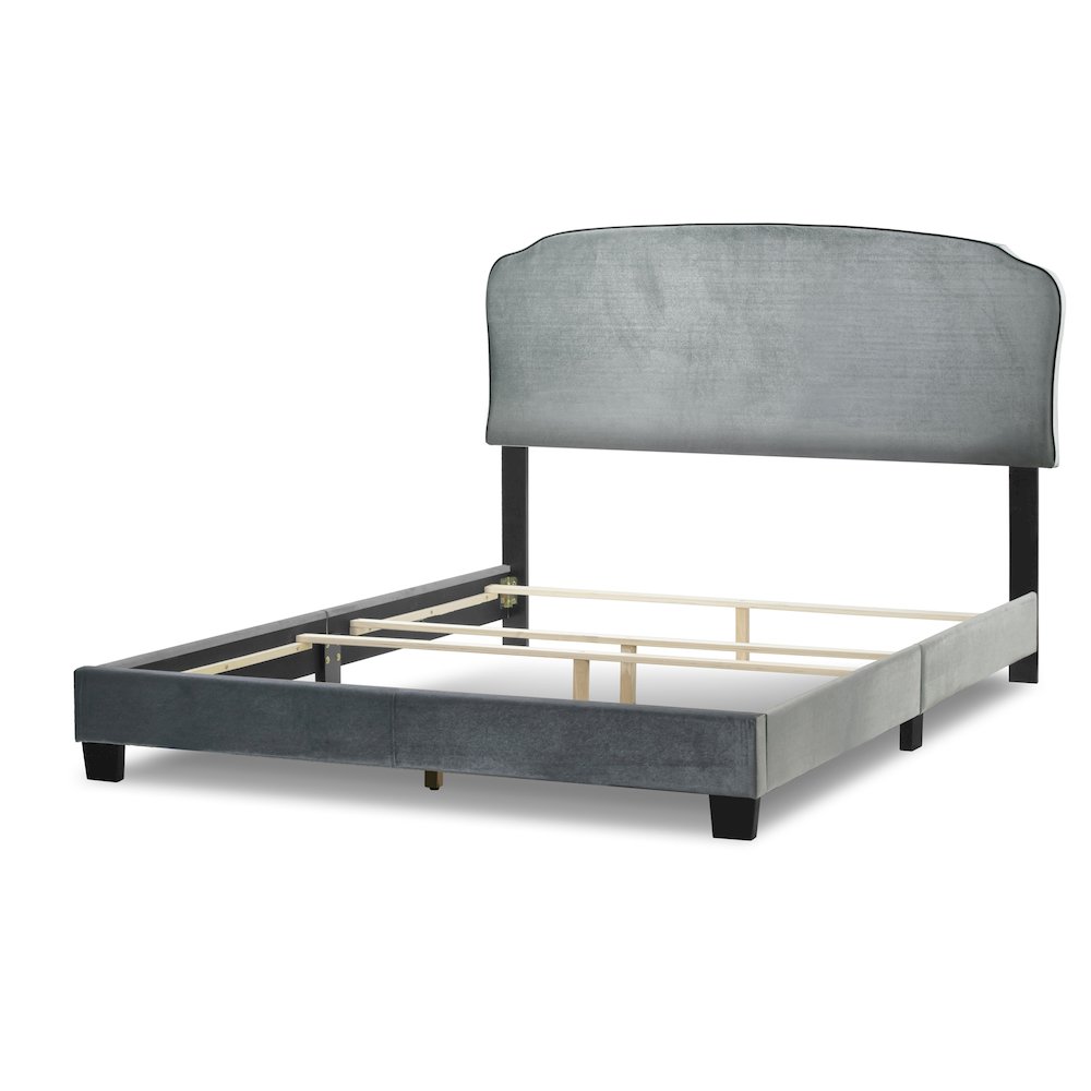 Aric Silver Gray Velvet Queen Bed with Contrasting Piping Accent. Picture 1