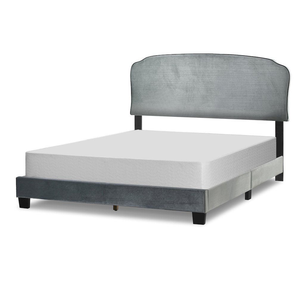 Aric Silver Gray Velvet Queen Bed with Contrasting Piping Accent. Picture 3