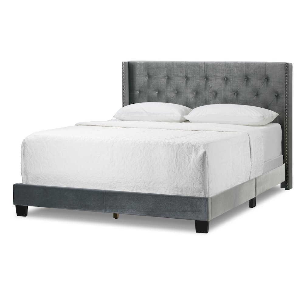 Asali Silver Gray Velvet Twin Bed with Button Tufting and Nail Headed Wings. Picture 2