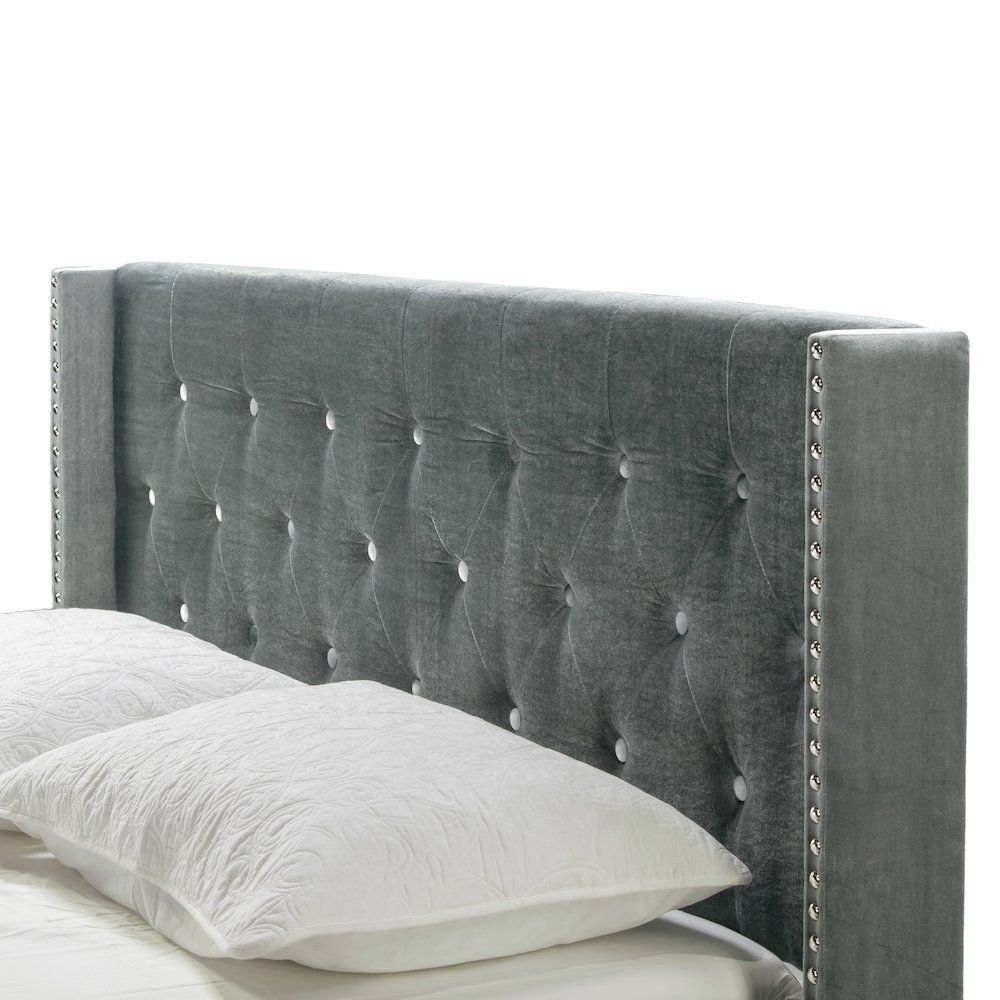 Asali Silver Gray Velvet Twin Bed with Button Tufting and Nail Headed Wings. Picture 4